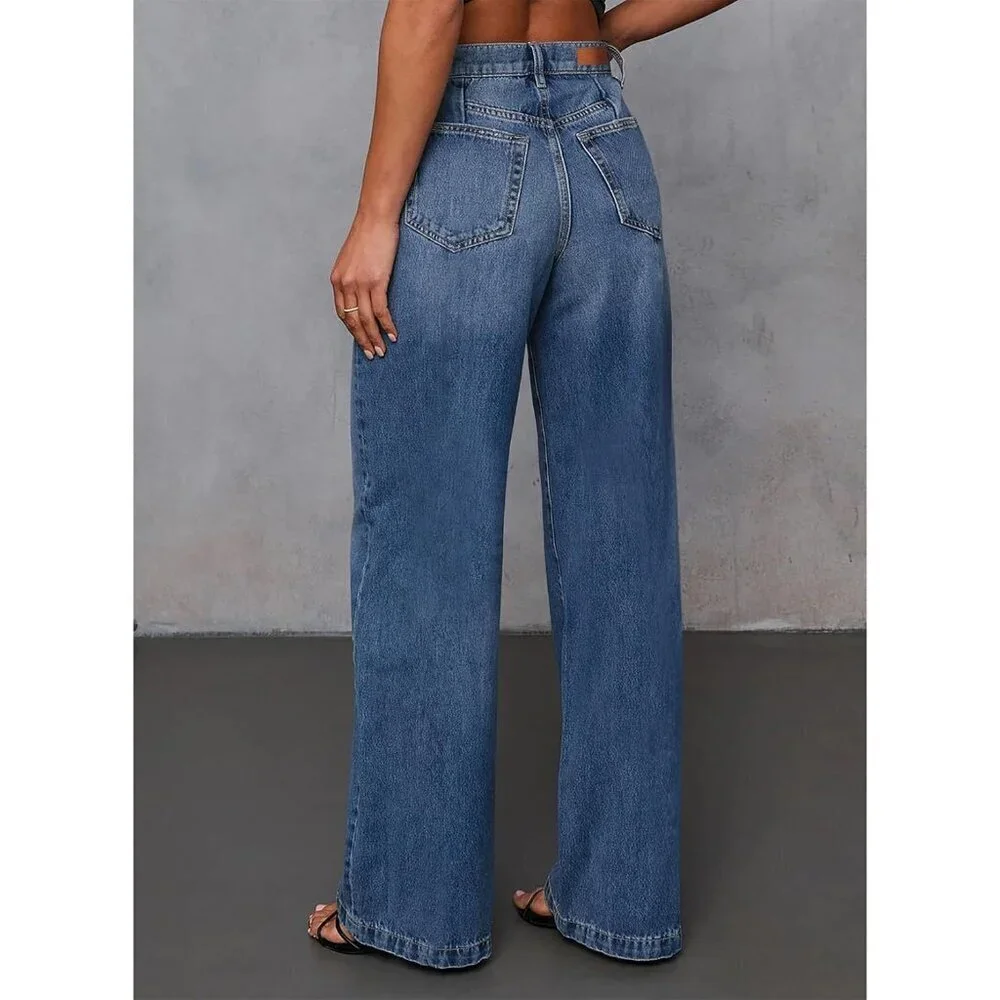 Women's High Waisted Wide Leg Stretch Denim Jeans Zipper Pockets Casual